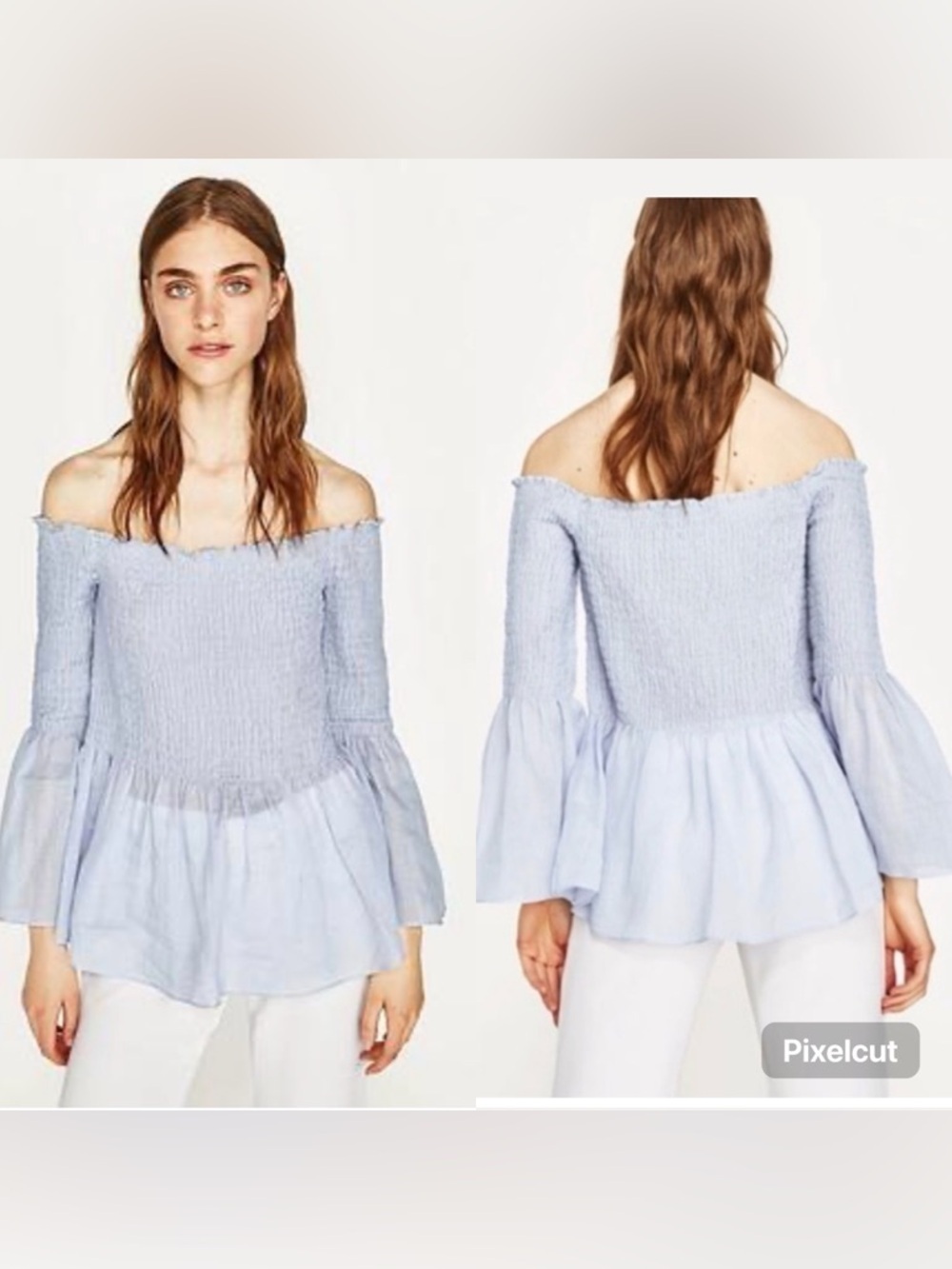 Zara Woman Smocked Off The Shoulder Flare Bell Sleeve Peplum Blue Top Size Small